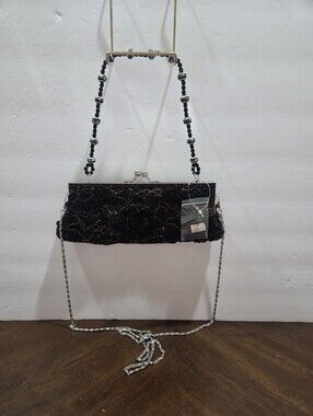Black Beaded Floral Evening Clutch with Chain Strap For Formal Occasion Kisslock